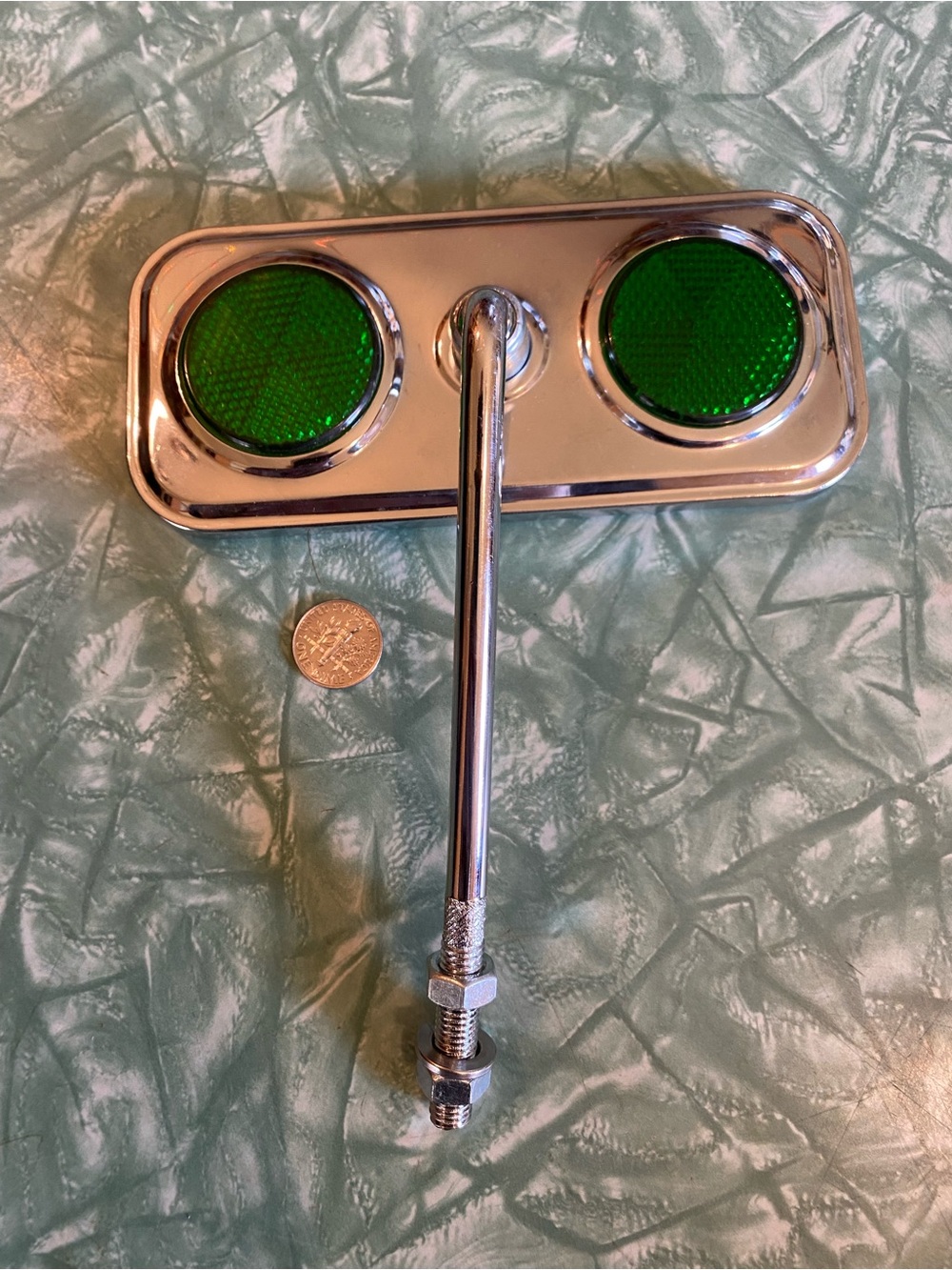 Nice Vintage Rectangular Chrome Bicycle Rearview Mirror with Green Reflectors